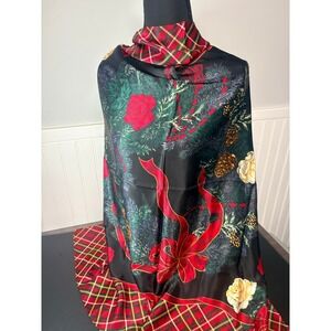 Talbots Christmas Wreath Silk Scarf Red Green Plaid Border Square Holiday Scarf